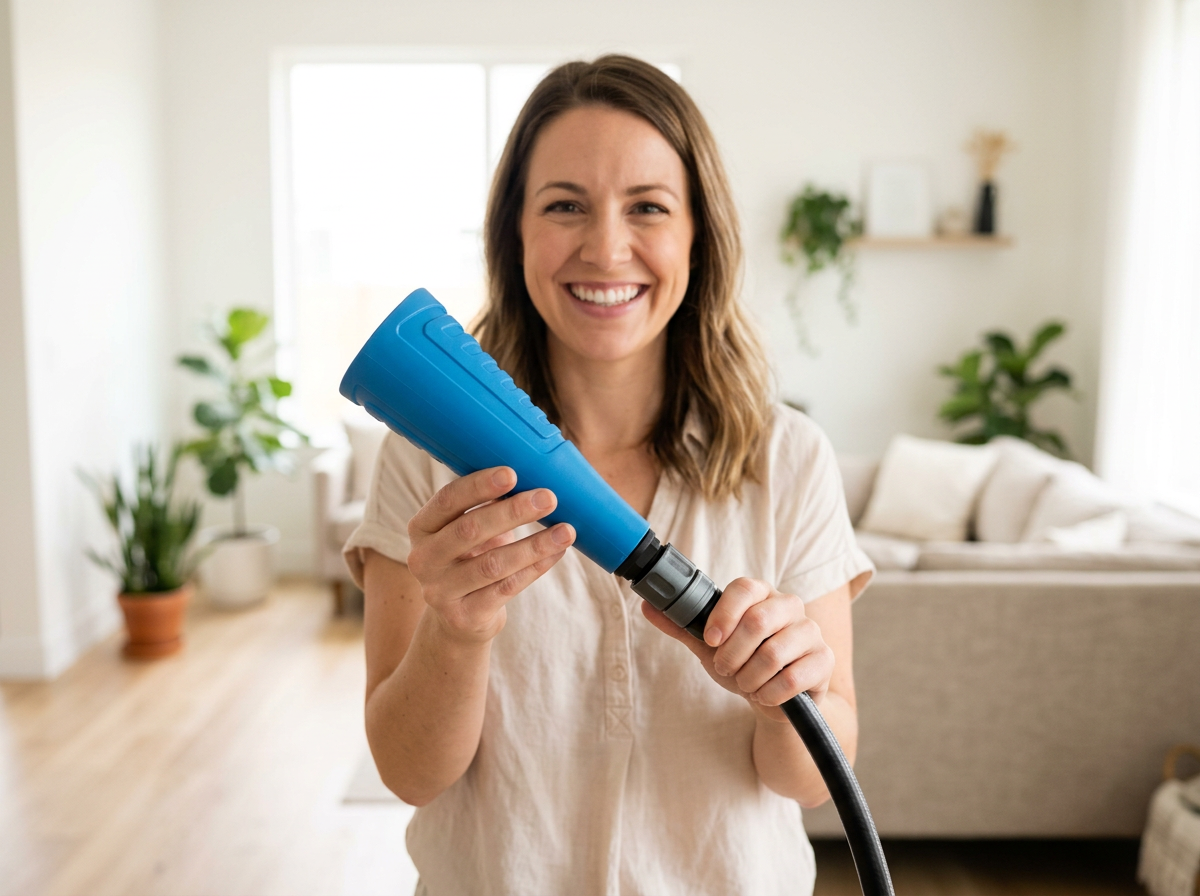A smiling woman holding up The Trunk with the hose connected in her home