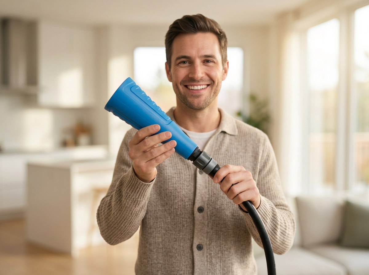 A smiling homeowner holding The Trunk with its hose attached in a bright living room